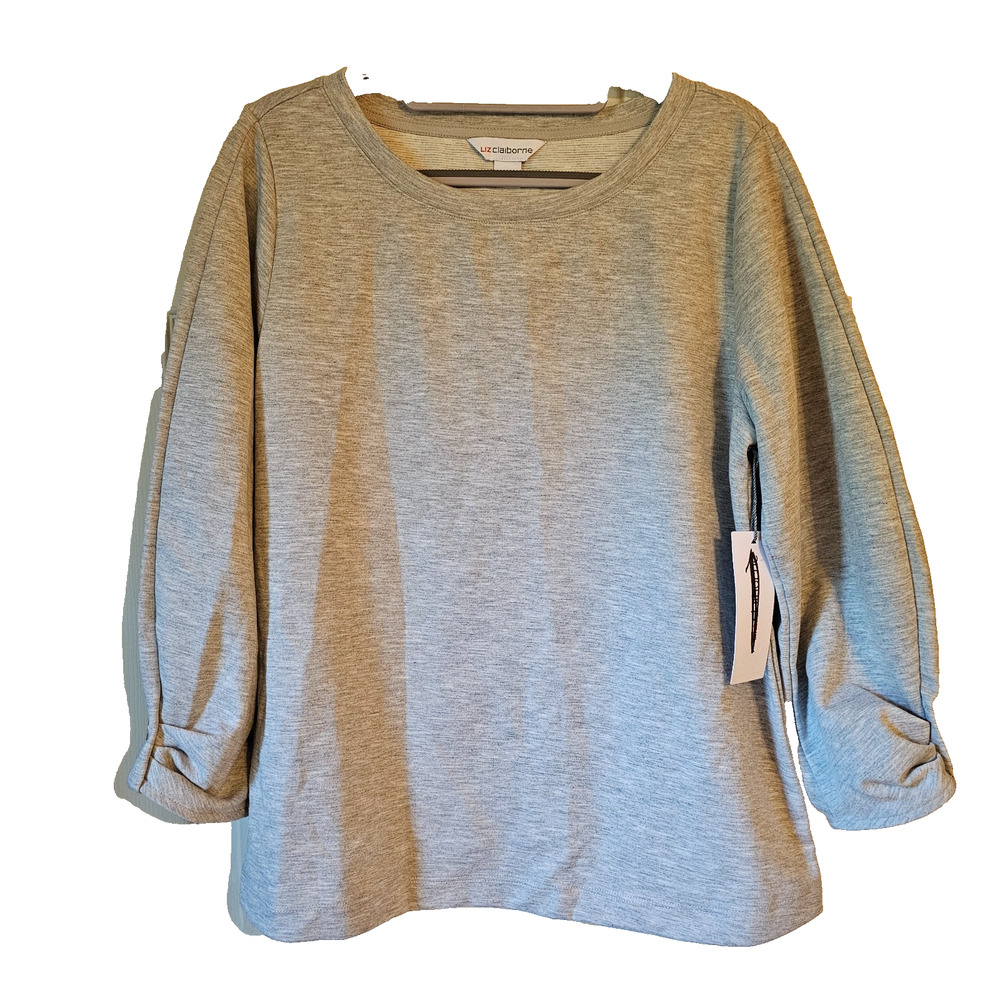 NWT Liz Claiborne Womens Lt Gray Pullover Ruched Sleeves Sz Medium